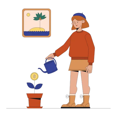 Woman watering money plant  Illustration