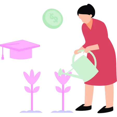 The Female Is Watering The Flowers Illustration