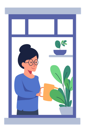 Woman watering plant Illustration