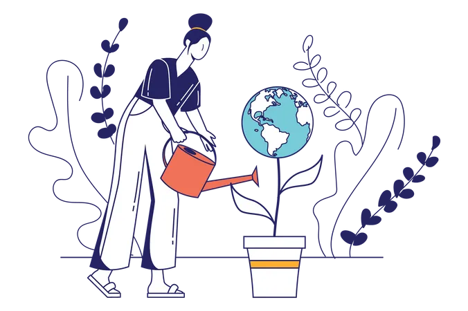Earth Day Concept In Flat Line Design For Web Banner Woman Waters Planet From Watering Can Environmental Care And Eco Friendly Modern People Scene Vector Illustration In Outline Graphic Style Illustration