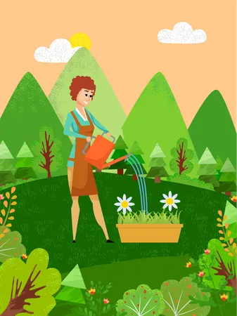 Woman watering plant  イラスト
