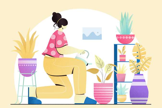 Woman watering plant at home Illustration