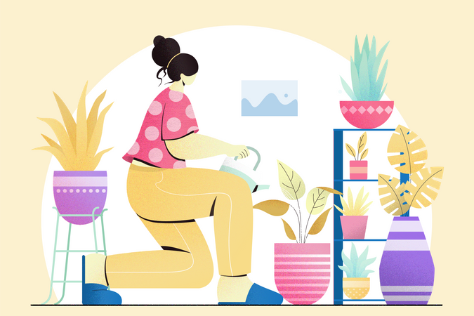 Woman watering plant at home  Illustration