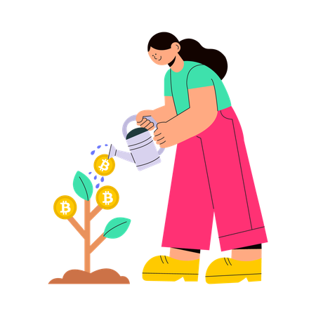 Woman watering plant for cryptocurrency investment growth  Illustration