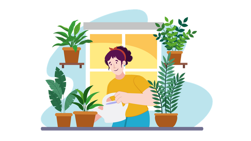 Woman watering plant  Illustration