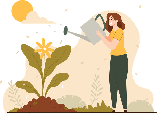 Woman Watering Plant  Illustration