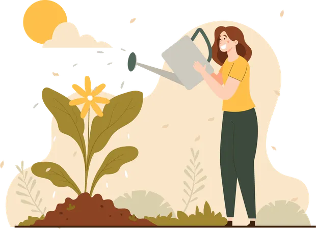Woman Watering Plant  Illustration