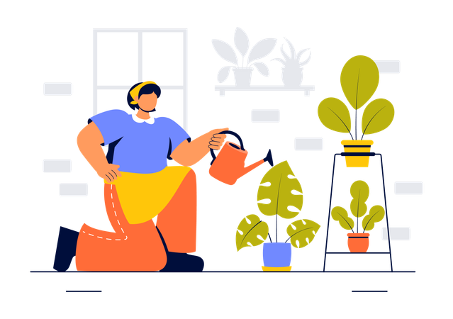 Woman watering plant  Illustration