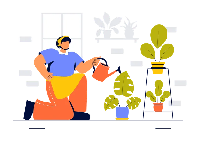 Woman watering plant  Illustration