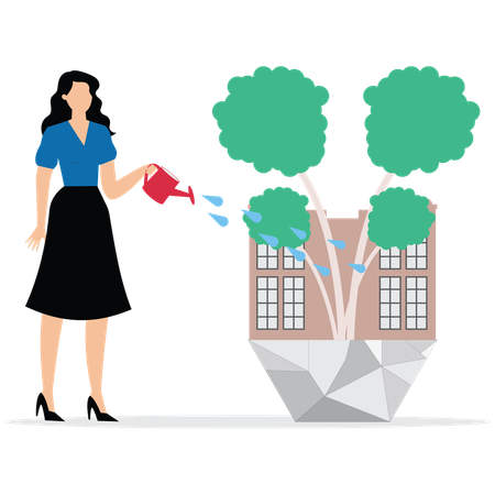 Woman watering Plant  to save eco friendly sustainable  Illustration