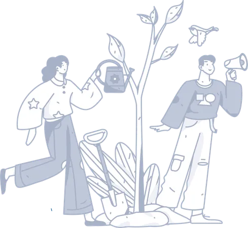 Woman watering plant while man announcing  Illustration