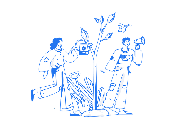 Woman watering plant while man announcing  イラスト