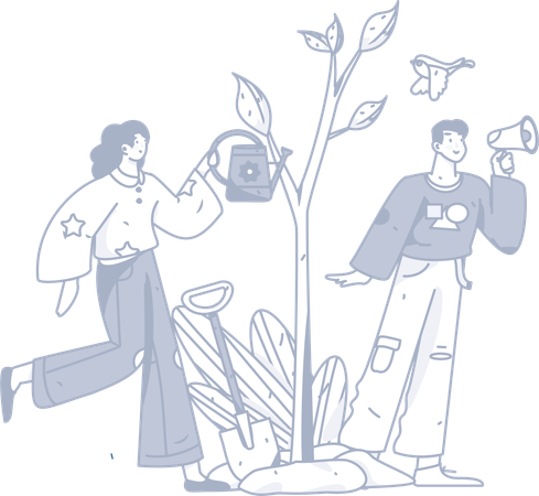 Woman watering plant while man announcing  Illustration