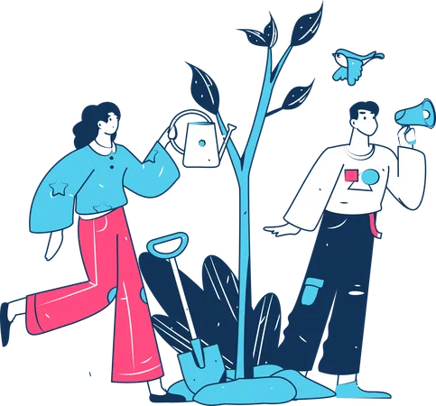 Woman watering plant while man announcing  Illustration