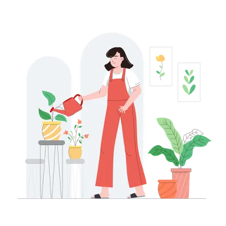 Woman watering plants Illustration