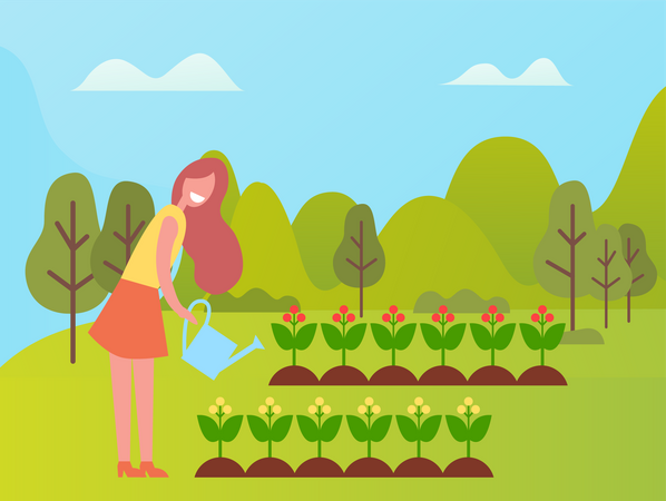 Woman watering plants  Illustration