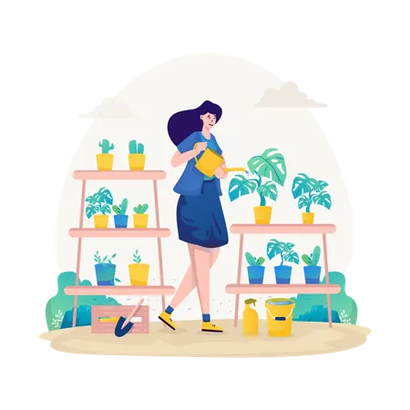 A Woman Watering Decorative Plants Illustration Design Illustration
