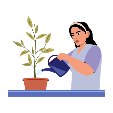 Woman watering plants at home  Illustration