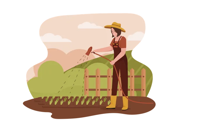 Woman watering plants at the farm Illustration