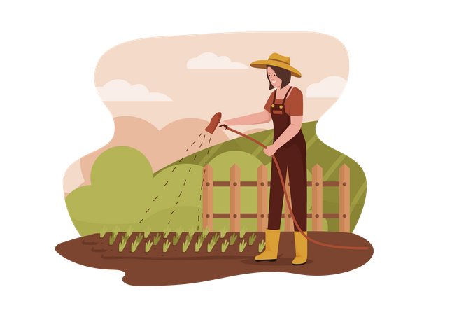 Woman watering plants at the farm  Illustration