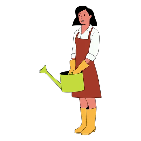 Woman watering plants from watering can  Illustration