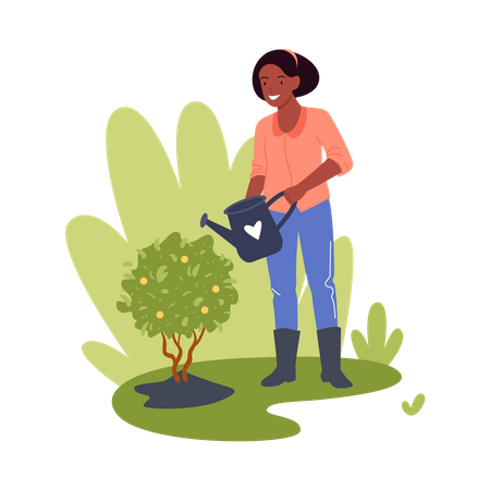 Woman Watering Plants  Illustration