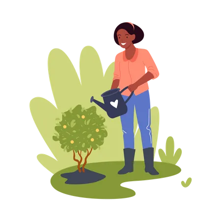 Woman Watering Plants  Illustration