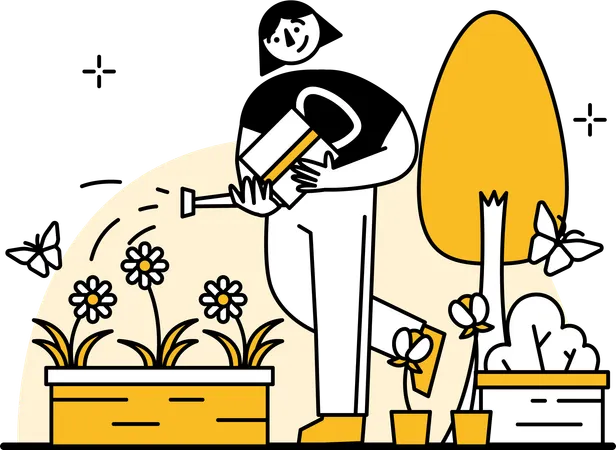 Woman watering plants  Illustration