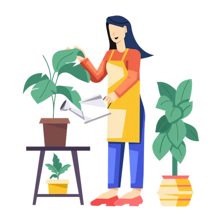 Woman Watering Plants  Illustration