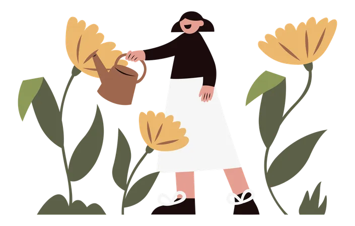 Woman watering plants in garden  Illustration