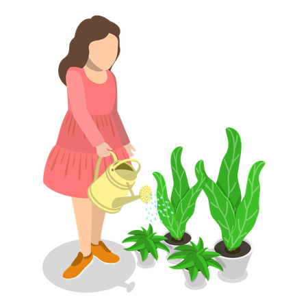 Woman watering plants in garden  Illustration