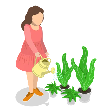 Woman watering plants in garden  Illustration