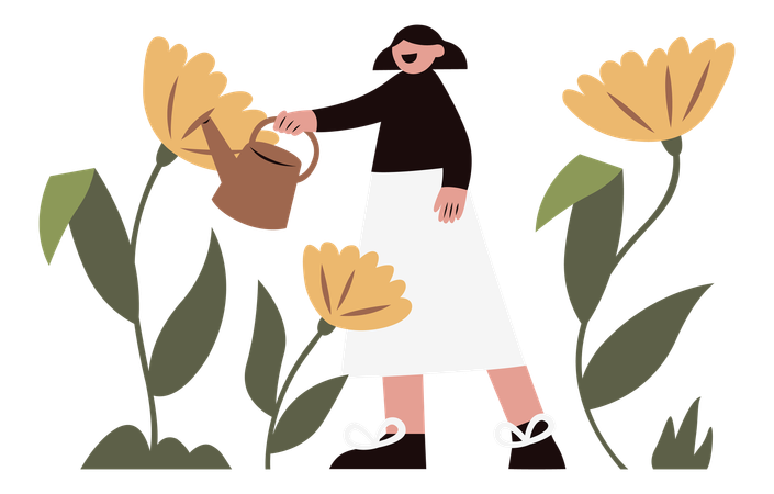 Woman watering plants in garden  Illustration