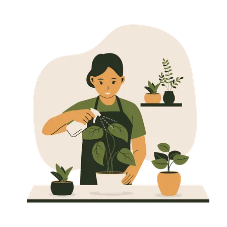 Woman watering plants in pots  Illustration