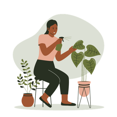 Woman watering plants in pots  Illustration