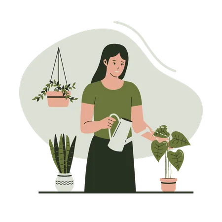 Woman watering plants in pots  Illustration