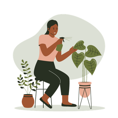 Woman watering plants in pots  Illustration