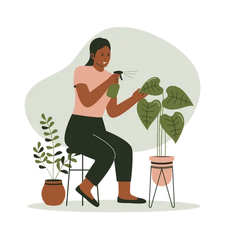 Woman watering plants in pots  Illustration