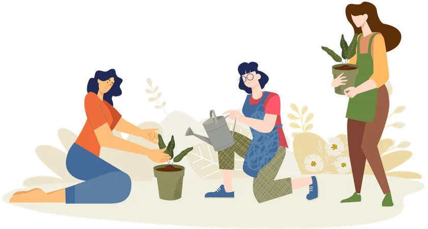 Woman watering small plants in summer  Illustration