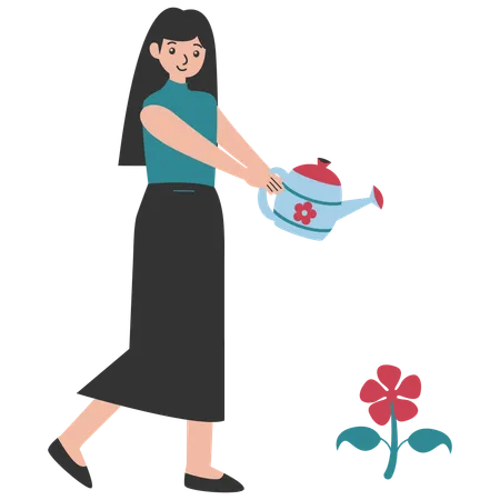 Woman Watering Spring Flowers  Illustration