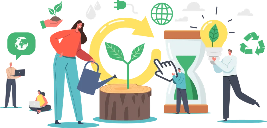 Refresh And Renew Concept Tiny Characters Restart Project With New Vision Or Rework Strategy Renew Life Goal And Direction Woman Watering Stump With Green Sprout Cartoon People Vector Illustration イラスト