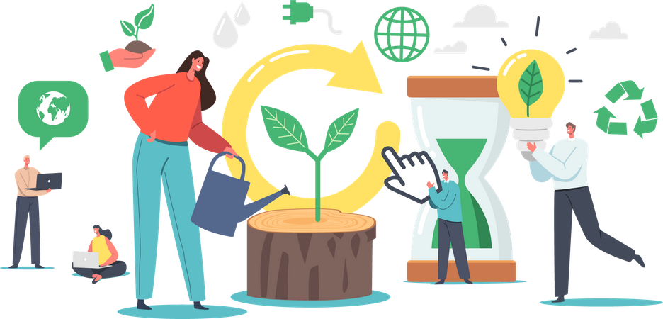 Woman Watering Stump with Green Sprout  Illustration