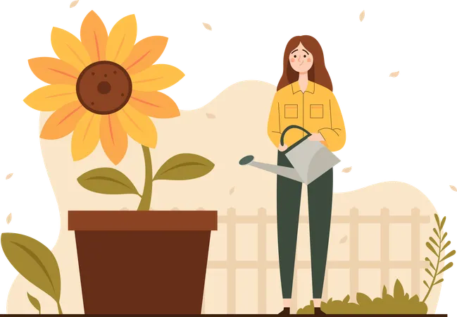 Woman Watering Sunflowers  Illustration