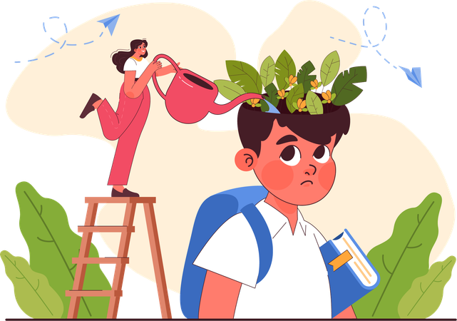 Woman watering to boy for Mental health awareness in school children  Illustration