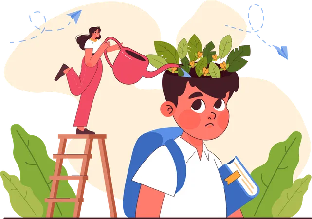 Woman watering to boy for Mental health awareness in school children  イラスト