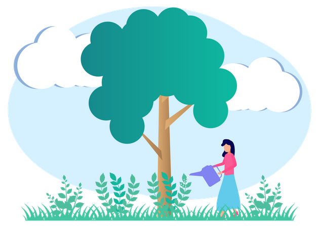 Woman watering tree Illustration