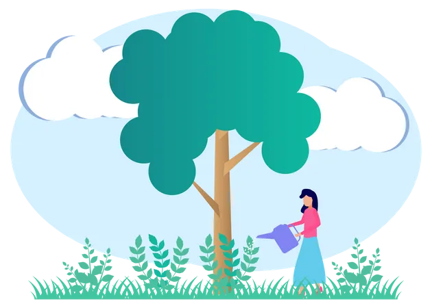 Woman watering tree  Illustration