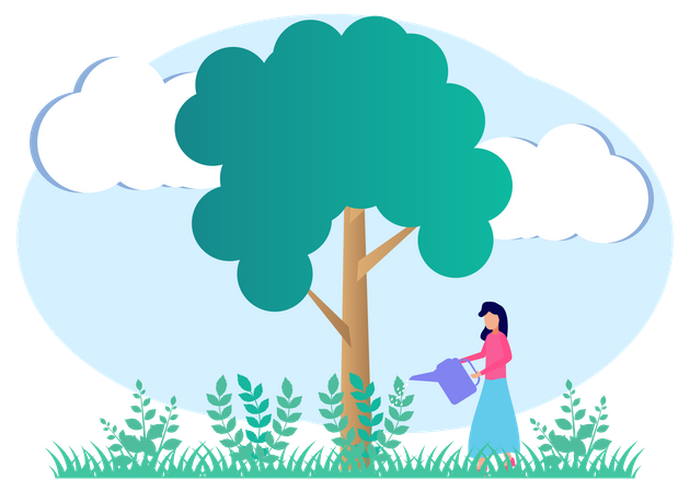 Woman watering tree  Illustration