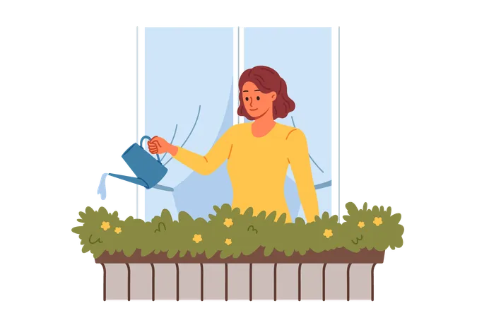 Woman Waters Flowers Standing On Balcony Near Window To Decorate Facade Of Building With Greenery And Flowers Girl Takes Care Of Plants From Balcony Being Interested In Gardening And Botany 일러스트레이션