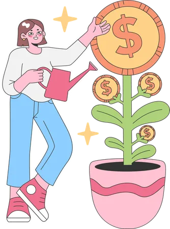 Woman waters money plant  Illustration